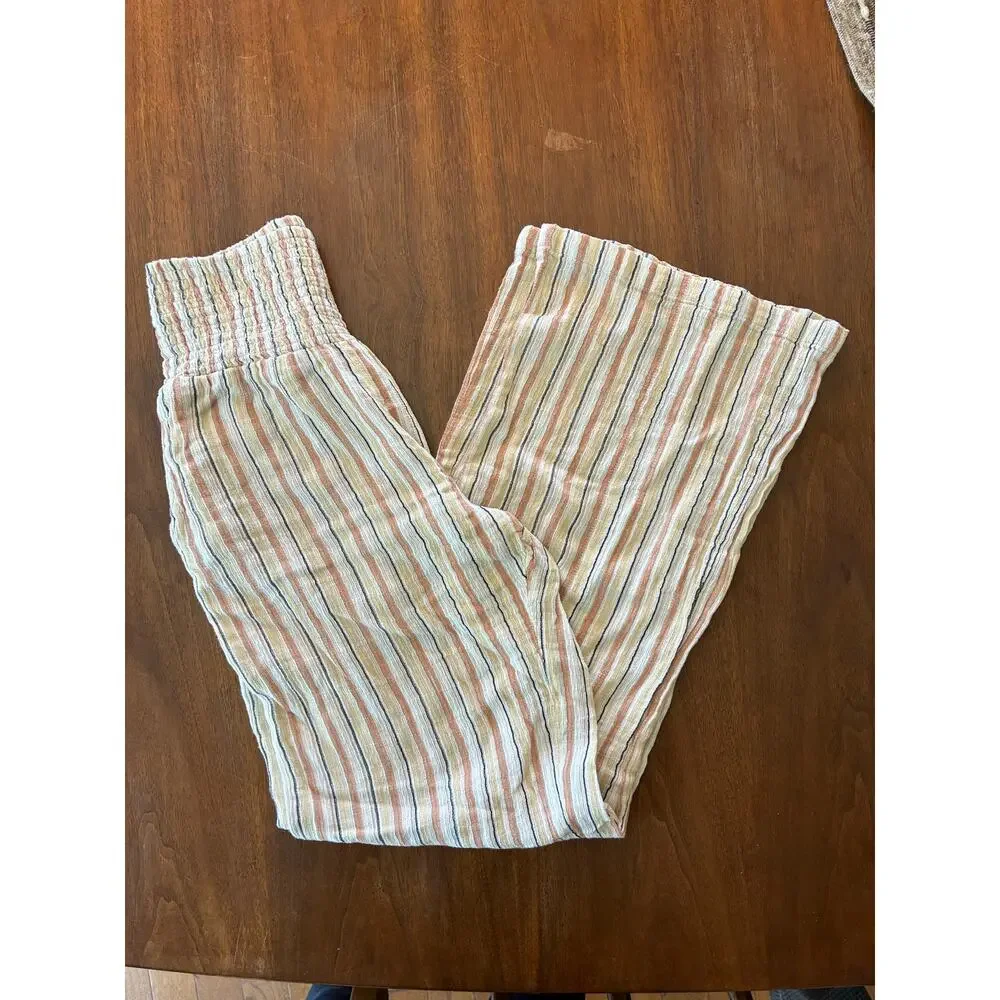 Billabong Pant Wide Leg New Waves Neutral Stripes Cotton Gauze Pockets Size Med - Picture 8 of 11